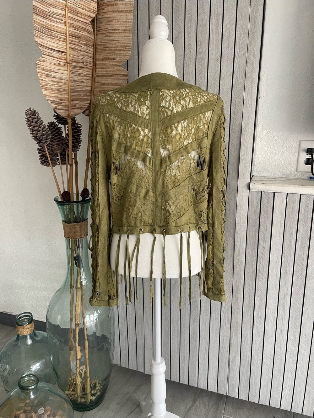 Vocal Olive Green Fringe Lace-Up Leather Jacket - Picture 4 of 8